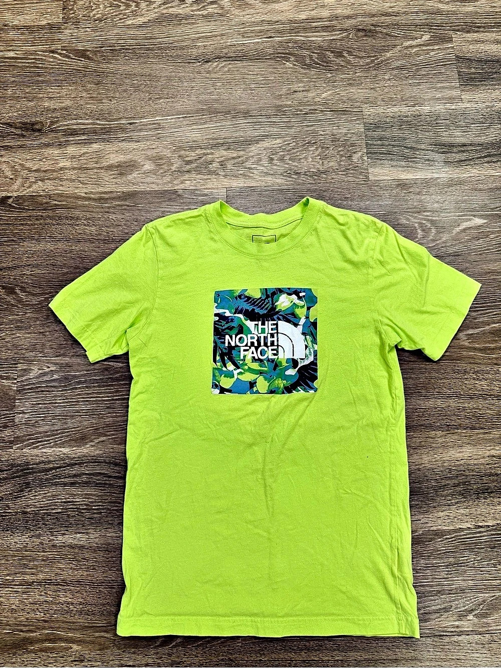 The North Face Men’s S Neon Green Tropical Box Logo Graphic T-Shirt